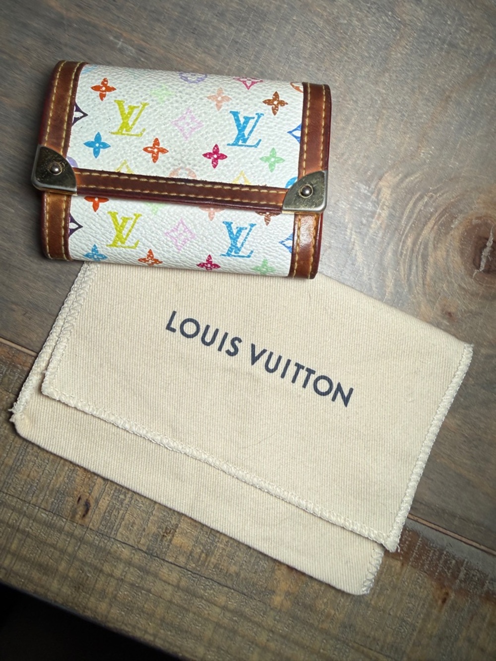Louis Vuitton White Multicolor Monogram Trifold Wallet with Brown Trim